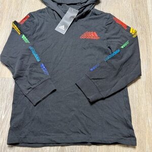 adidas Black Long-Sleeve Hooded Tee with Multicolor Logos